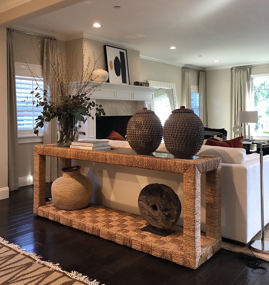 Living room detail of Brentwood luxury home featuring Ralph Lauren and RH Modern furnishings with custom drapery, modern traditional interior design by Stephen Pappas Interiors, West Hollywood