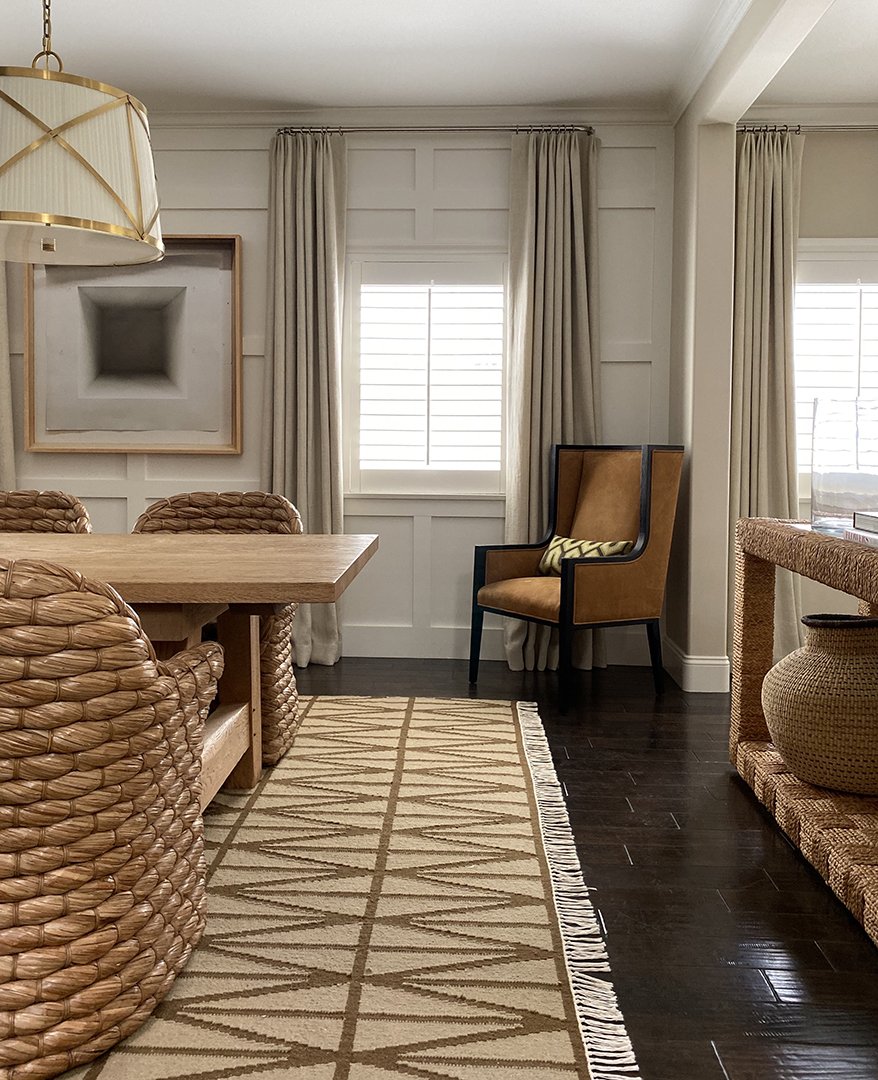 Living room detail of Brentwood luxury home featuring Ralph Lauren and RH Modern furnishings with custom drapery, modern traditional interior design by Stephen Pappas Interiors, West Hollywood