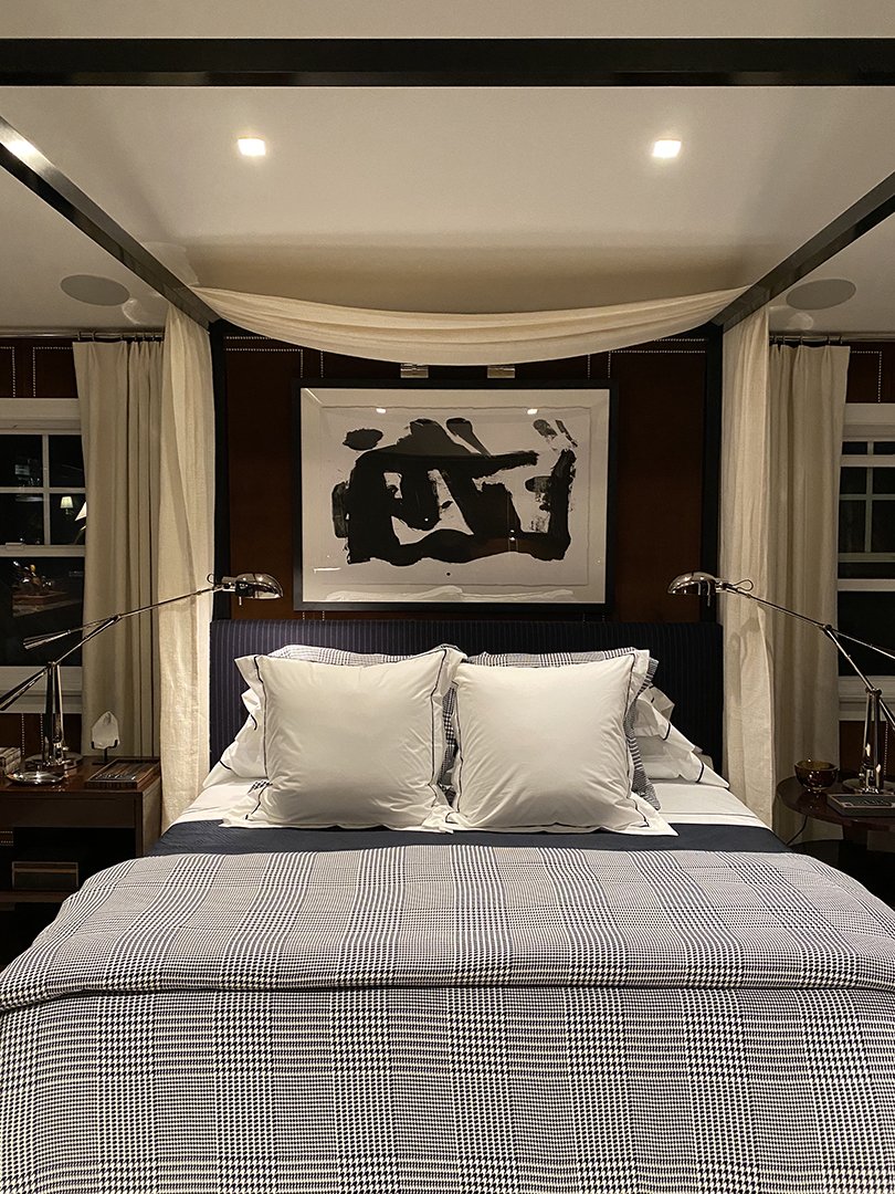 Master bedroom retreat detail of Brentwood luxury home featuring custom velvet upholstery with nickel nailhead detailing, modern traditional interior design by Stephen Pappas Interiors, West Hollywood