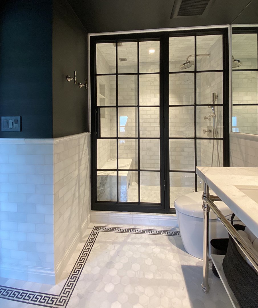 Luxury spa bathroom of Brentwood home featuring Calacatta marble subway tiles and steam shower, modern traditional interior design by Stephen Pappas Interiors, West Hollywood