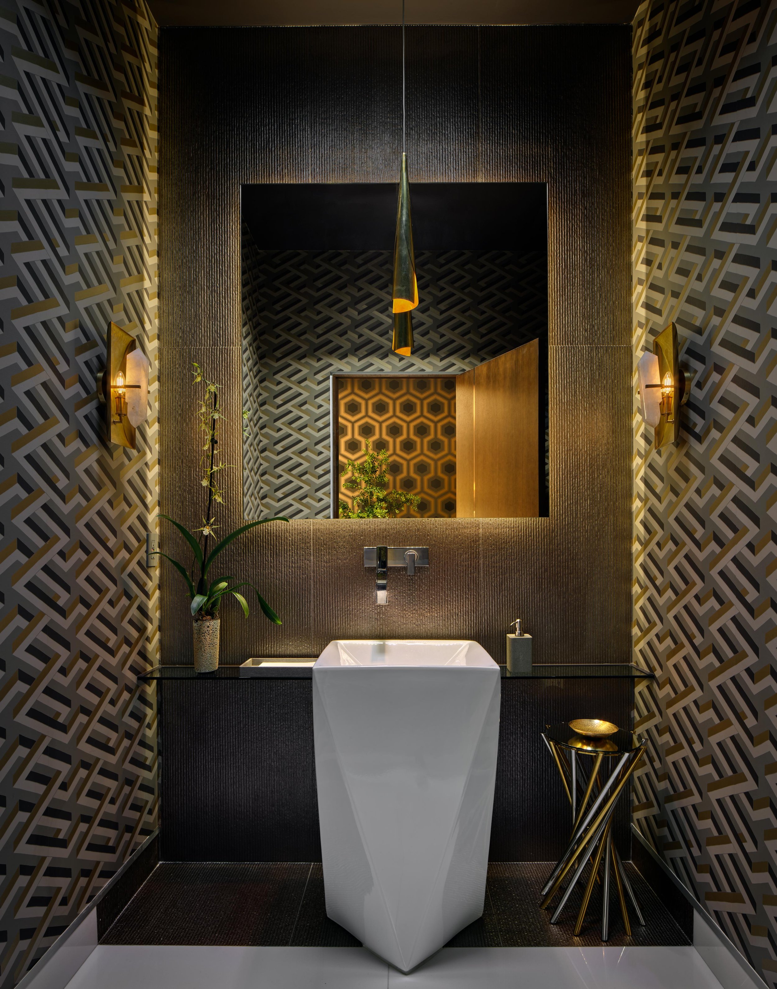 Bathroom detail of Trousdale Estates area, Beverly Hills luxury home featuring elegant wall paper and fixtures with a sleek, white sink, full-service interior design by Stephen Pappas Interiors, Los Angeles