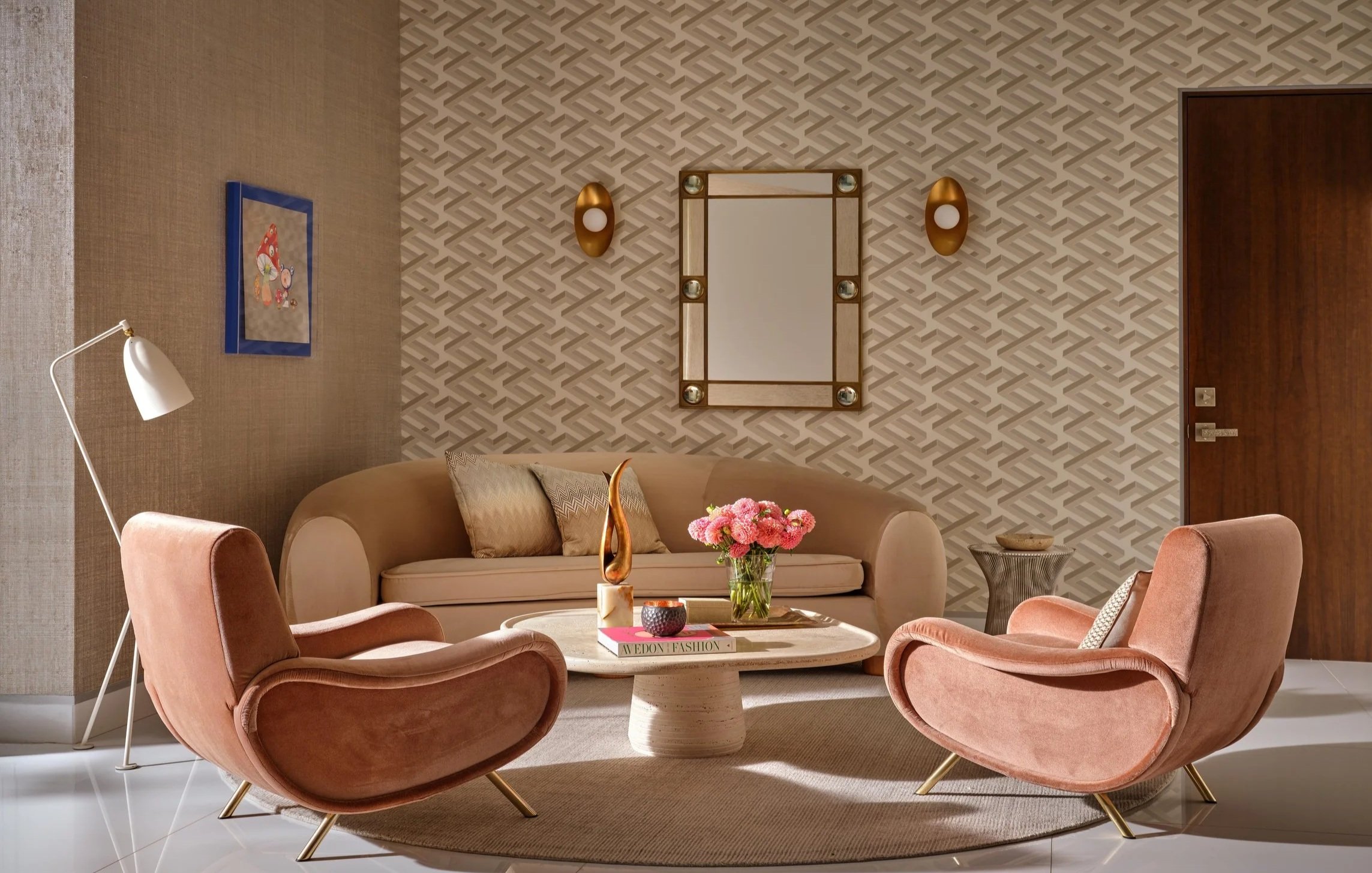Seating room of Trousdale Estates area, Beverly Hills luxury home featuring geometric print wall paper, plush modern seating and chic accents, full-service interior design by Stephen Pappas Interiors, Los Angeles