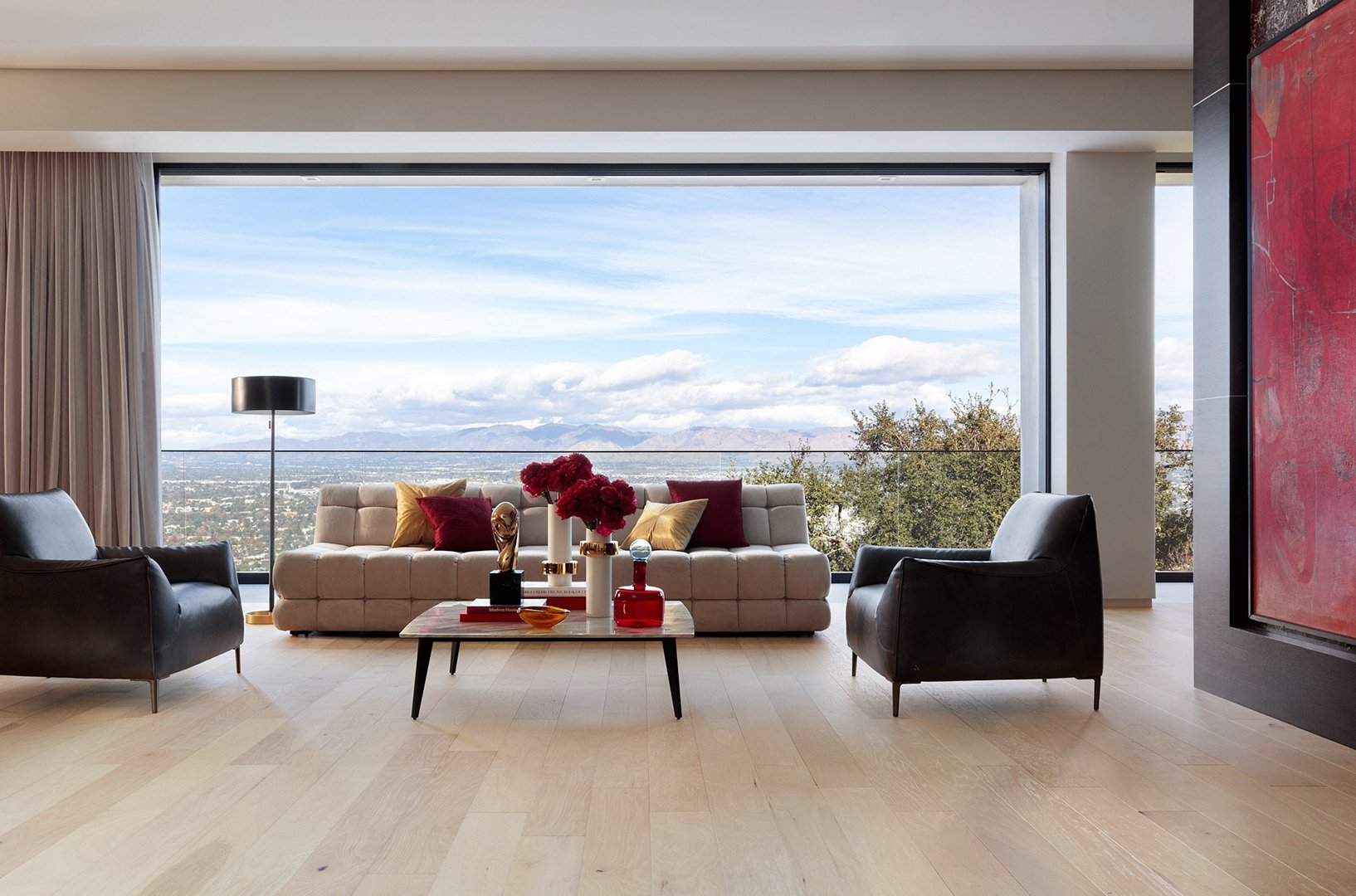 Interior styling of a living room for California Classic Floors featuring custom upholstery, modern furniture, lighting and accents, styled by Stephen Pappas Interiors, photographed by Roger Davies