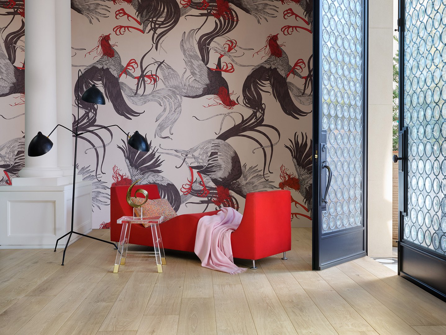 Interior styling of a luxury sitting room for California Classic Floors featuring custom wallpaper, modern upholstered seating, styled by Stephen Pappas Interiors, photographed by Roger Davies