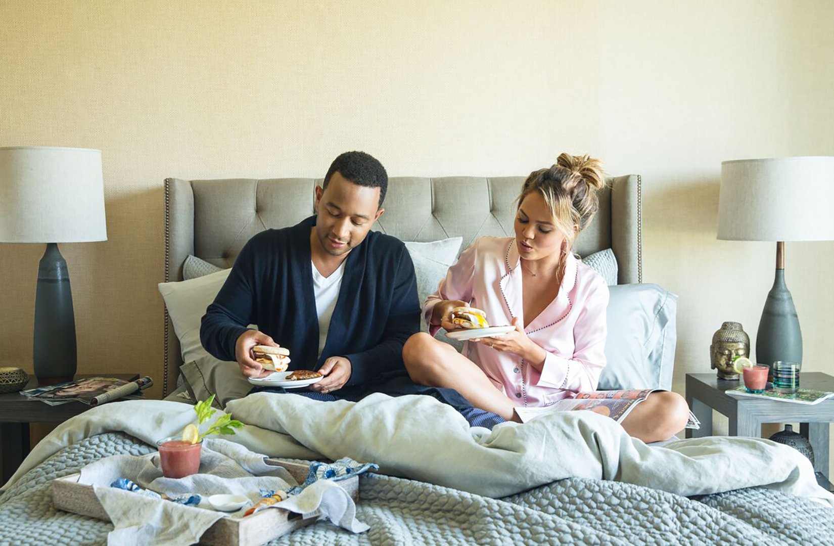 Chrissy Teigen and John Legend having breakfast in bed in their luxury Los Angeles home styled by Stephen Pappas Interiors for Cravings cookbook, photographed by Aubrie Pick