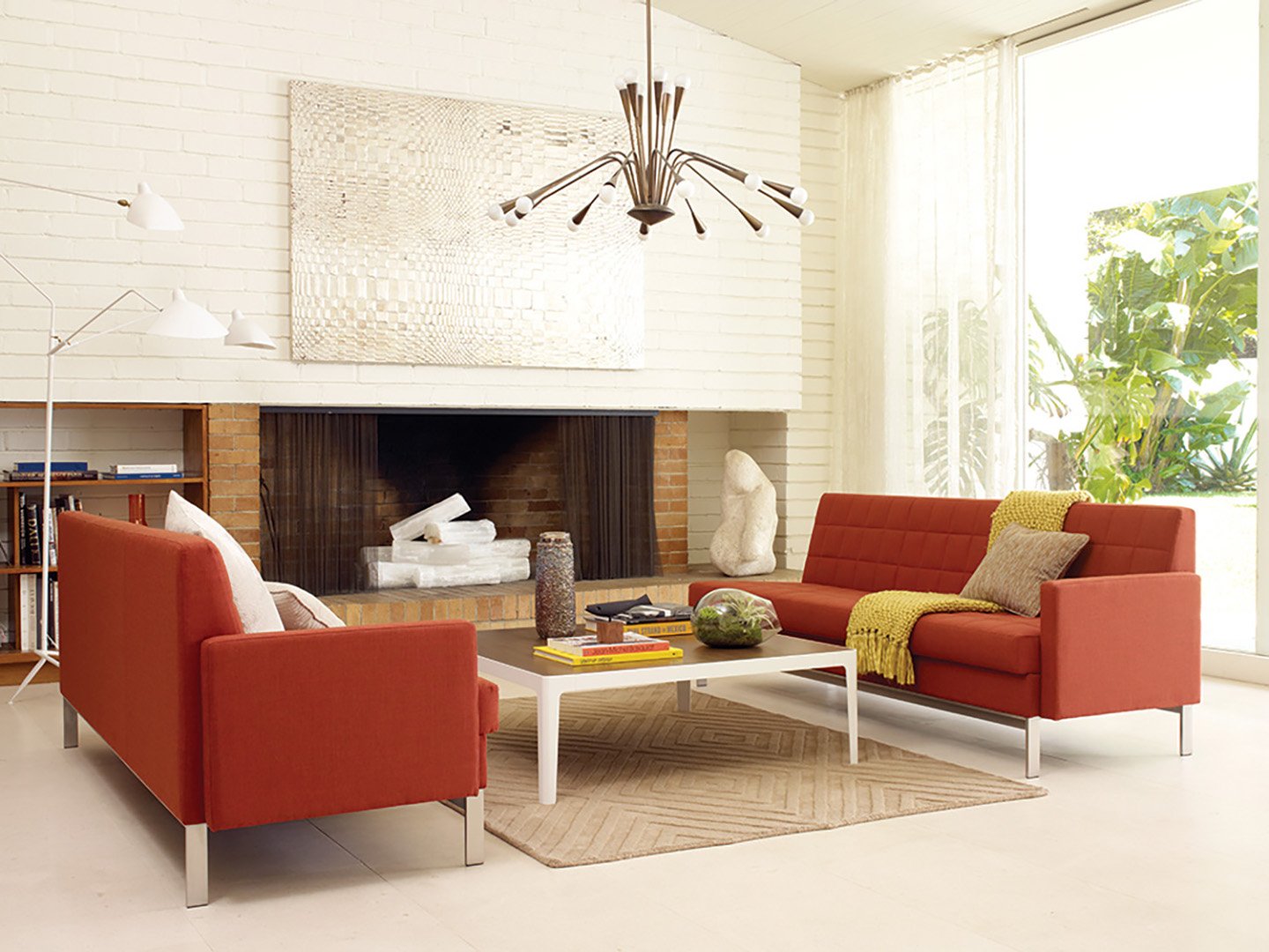 Modern living room interior styling for Coalesse featuring upscale couches and furniture, sleek lighting and refined design aesthetic, styled by Stephen Pappas Interiors, photographed by Noah Webb