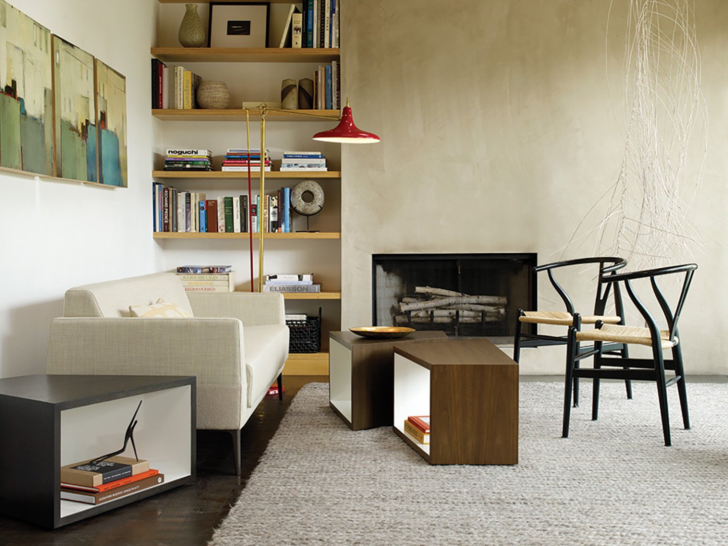 Modern living room interior styling for Coalesse featuring upscale furniture, neutral textured walls and refined design aesthetic, styled by Stephen Pappas Interiors, photographed by Noah Webb