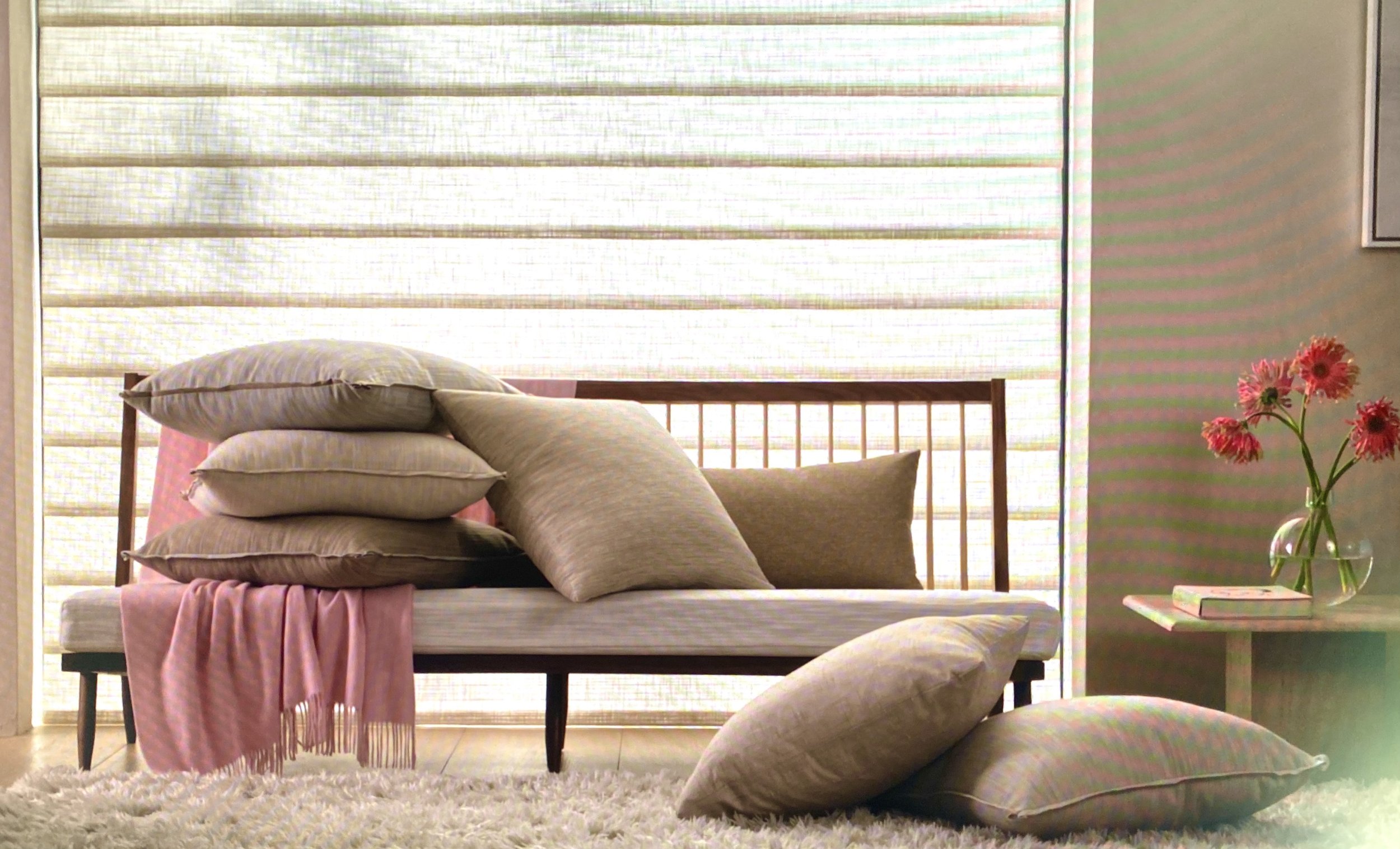 Close-up styling detail for Hunter Douglas showcasing luxury custom window treatments with curated home accessories, styled by Stephen Pappas Interiors